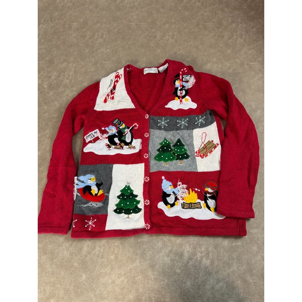 White Stag Womens Christmas Snowman Cardigan Button Sweater V Neck Red Small‎
